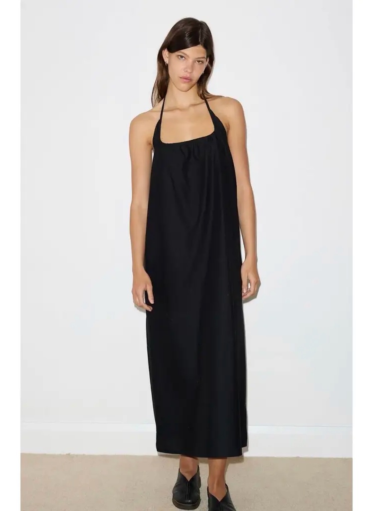 Deiji Studios The Simple Dress In Black Organic Poplin Square Neck Halter Strap — image 2 of 8
